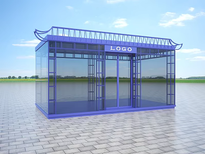 Modern Blue Glass Pavilion With Traditional Roof And LOGO In Open Square 3d model