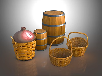 Wooden Barrels And Wicker Baskets As Practical Household Storage Items 3d model