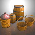 Wooden Barrels And Wicker Baskets As Practical Household Storage Items 3d model
