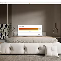 Modern Minimalist Bedroom With White Bed Upholstered Ottoman Area Rug And Abstract Wall Art