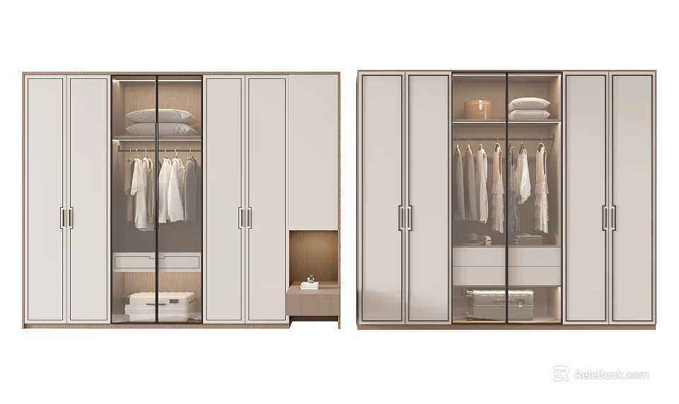 Modern Glass Door Wardrobe Interior Design With Hanging Clothing And Storage Shelves 3d model 