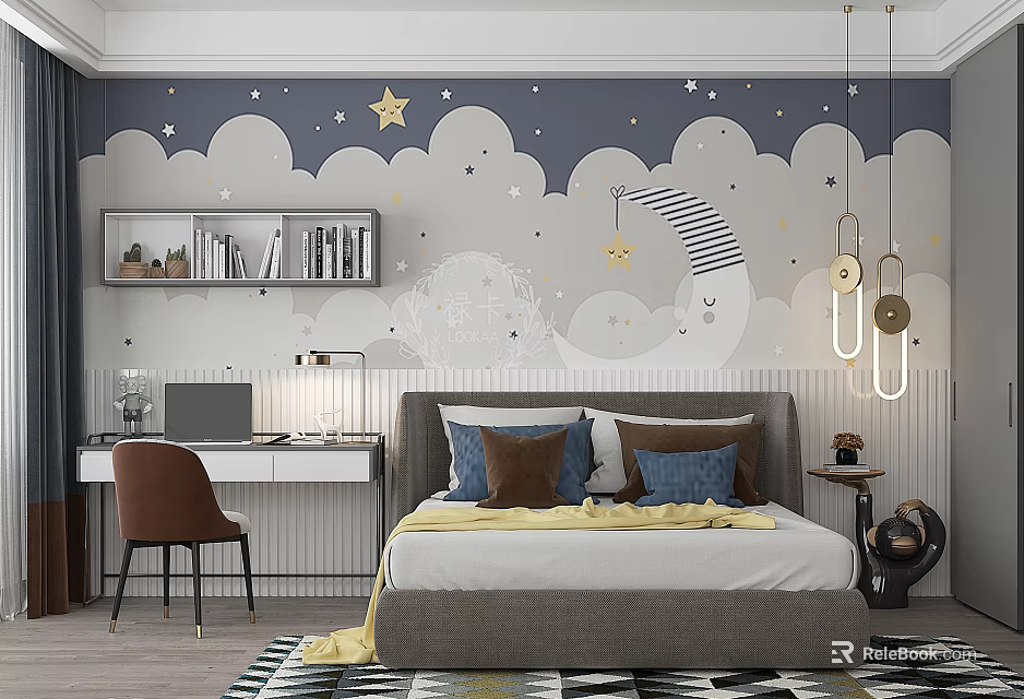 Modern Kids Room Interior With Cloud Star Moon Themed Wall Bed Desk Chair And Bookshelf 3d model 