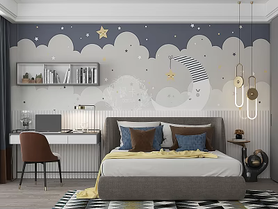 Modern Kids Room Interior With Cloud Star Moon Themed Wall Bed Desk Chair And Bookshelf 3d model