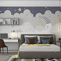 Modern Kids Room Interior With Cloud Star Moon Themed Wall Bed Desk Chair And Bookshelf
