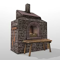Traditional Brick Kitchen Oven With Chimney Wooden Bench And Cover