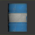 Blue Metal Barrel With White Horizontal Stripe And Worn Texture On Smooth Surface