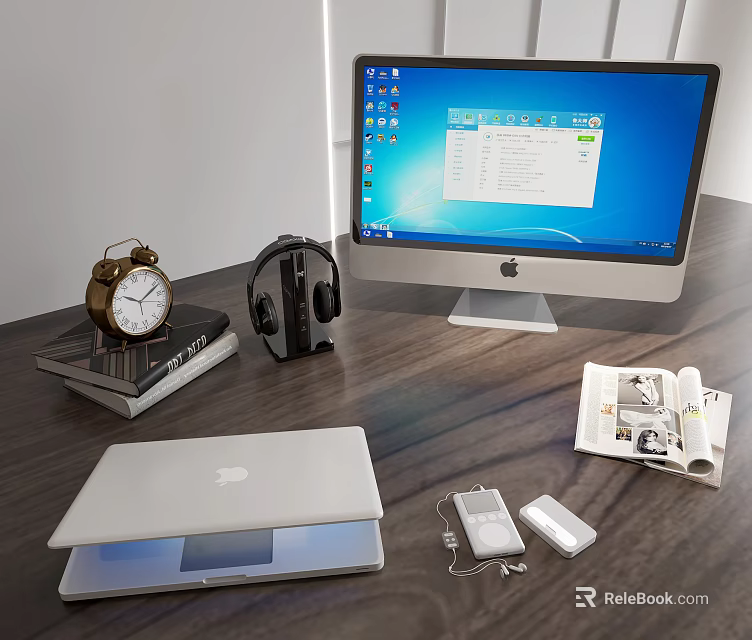Desktop Setup With iMac Laptop Headphones Charger Books And Alarm Clock 3d model 