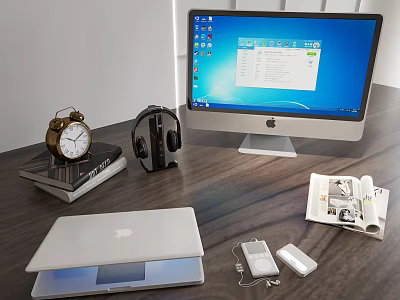 Desktop Setup With iMac Laptop Headphones Charger Books And Alarm Clock 3d model