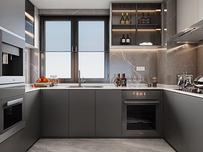 Modern Kitchen Interior With Gray Cabinets Marble Countertops Appliances And Window Blinds 3d model