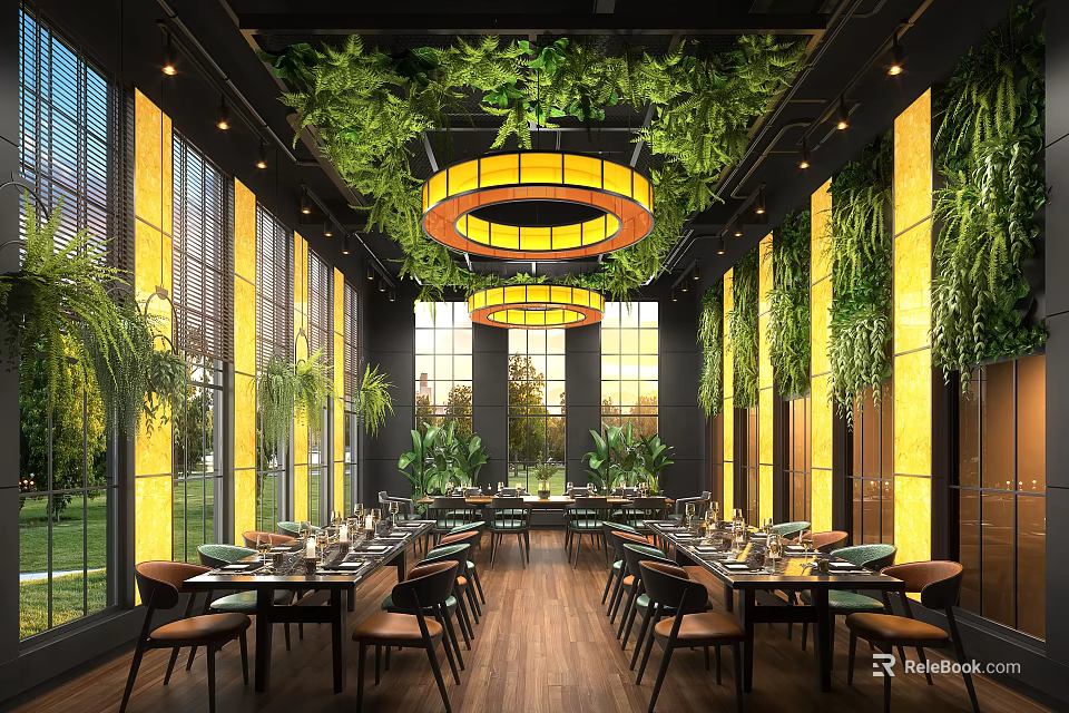 Elegant Restaurant Interior With Lush Green Ceiling Plants Yellow Circular Pendant Lights And Large Windows 3d model 