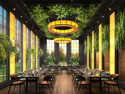 Elegant Restaurant Interior With Lush Green Ceiling Plants Yellow Circular Pendant Lights And Large Windows 3d model