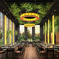 Elegant Restaurant Interior With Lush Green Ceiling Plants Yellow Circular Pendant Lights And Large Windows
