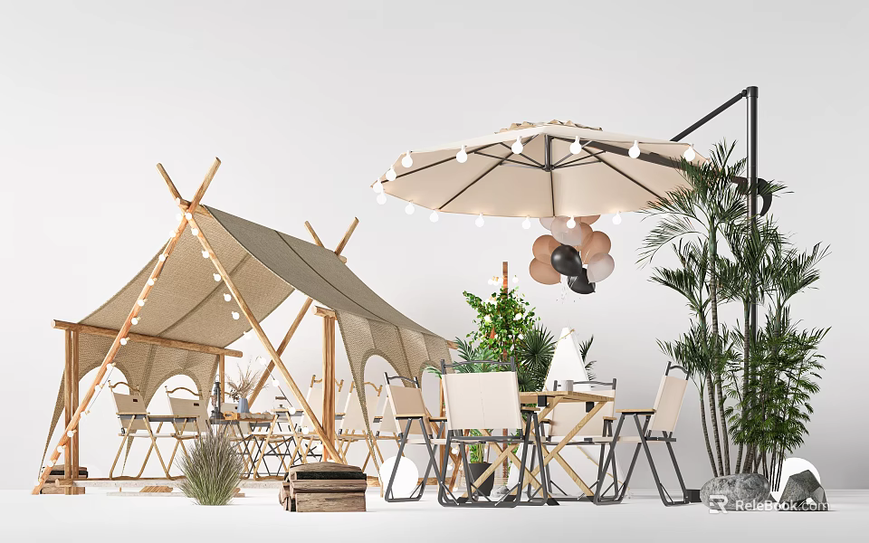 Outdoor Decorative Tent With Decorative Umbrella Colorful Balloons Green Plants And Wooden Tables Chairs 3d model 