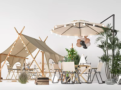 Outdoor Decorative Tent With Decorative Umbrella Colorful Balloons Green Plants And Wooden Tables Chairs 3d model