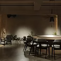 Modern Living Room Interior with Curved Wall Lighting Beige Sofa Cushions Wooden Table Chairs Rug