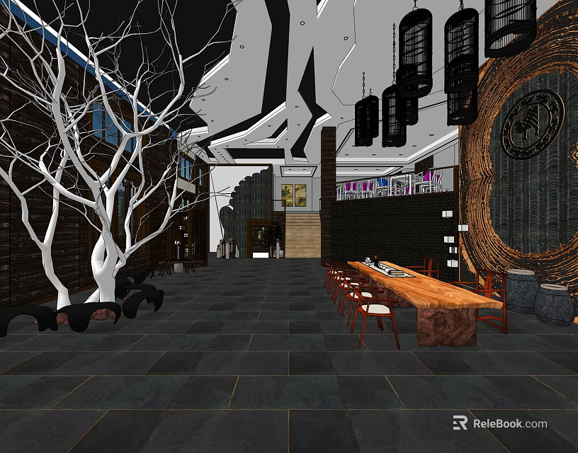 Traditional Chinese Clubhouse Interior With White Dead Tree Long Wooden Table And Chairs 3d model 