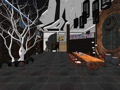 Traditional Chinese Clubhouse Interior With White Dead Tree Long Wooden Table And Chairs 3d model