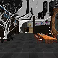 Traditional Chinese Clubhouse Interior With White Dead Tree Long Wooden Table And Chairs