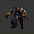 Hooded Game Movie Character In Blue And Gold Armor With Dual Swords Battle Stance