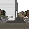 Modern Rooftop Garden With Wooden Deck Gray Sofa Green Plants And Umbrella