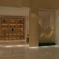 Modern Chinese Tea House Interior With Wooden Shelves Green Plants And Round Table Bamboo Chairs