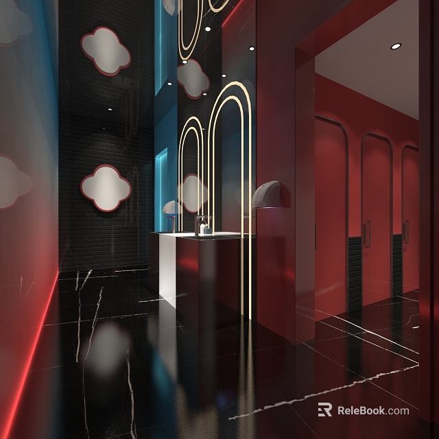 Modern Public Toilet Design With Arch Partitions Red Panels And Black Marble Floors 3d model 