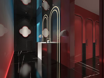 Modern Public Toilet Design With Arch Partitions Red Panels And Black Marble Floors 3d model