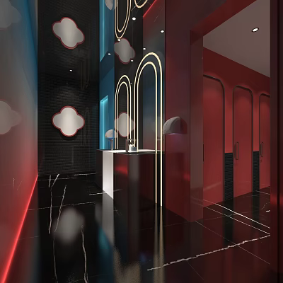Modern Public Toilet Design With Arch Partitions Red Panels And Black Marble Floors 3d model