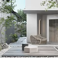 Modern Courtyard Garden Design With Wicker Chair Stone Pathway Greenery White Walls And Wooden Elements
