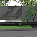 Modern Stone Landscape Wall With Trees Water Feature And Greenery Design 3d model