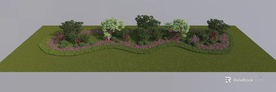 Beautiful Garden Landscape With Green Lawn Trees Purple Flowers And Bushes 3d model 