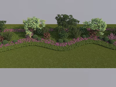 Beautiful Garden Landscape With Green Lawn Trees Purple Flowers And Bushes 3d model