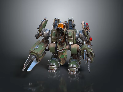 Sci Fi Mechanical Battle Robot With Green Metal Body Orange Parts Weaponized Claws And Mechanical Arms 3d model