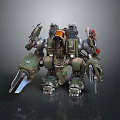 Sci Fi Mechanical Battle Robot With Green Metal Body Orange Parts Weaponized Claws And Mechanical Arms