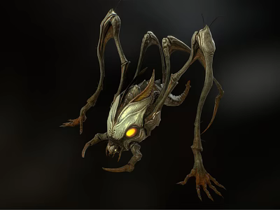 Mysterious Mechanical Creature with Skeletal Structure Long Legs and Glowing Yellow Eyes on Dark Background 3d model