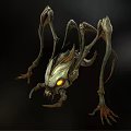 Mysterious Mechanical Creature with Skeletal Structure Long Legs and Glowing Yellow Eyes on Dark Background