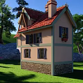 Cartoon House With Red Tiled Roof Chimney Palm Trees Green Lawn And Blue Sky