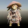 3D Fantasy Game Movie Character Featuring Mushroom Hat Pointed Nose Patched Clothes And Tools