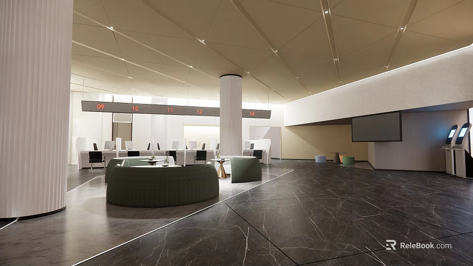 Modern Lounge Area With Spacious Interior Round Green Sofas Marble Floor And Large Screen 3d model 
