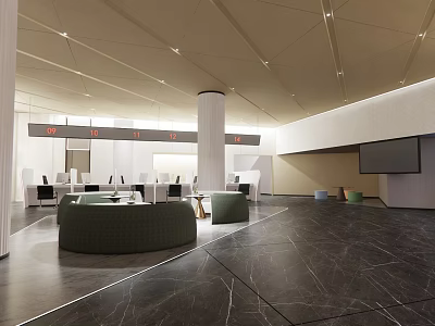 Modern Lounge Area With Spacious Interior Round Green Sofas Marble Floor And Large Screen 3d model