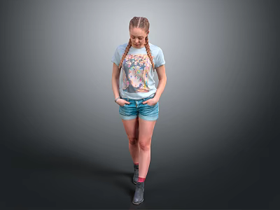 Woman with braided pigtails wearing light blue graphic T-shirt denim shorts and gray shoes 3d model