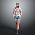 Woman with braided pigtails wearing light blue graphic T-shirt denim shorts and gray shoes