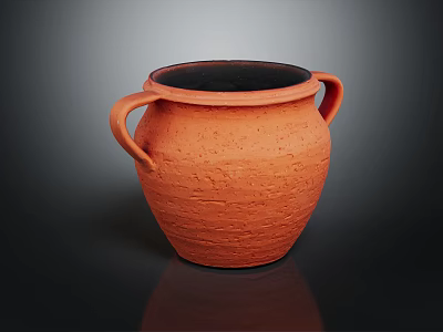 Orange Clay Pot Featuring Two Handles Textured Surface and Black Interior Reflective Base 3d model