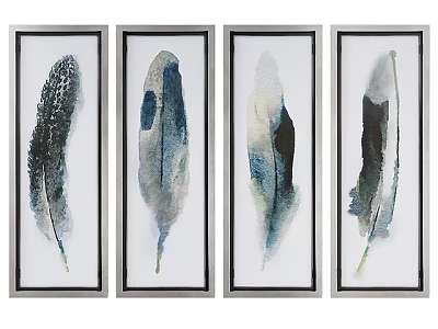 Set of Four Feather Themed Abstract Paintings In Watercolor Style With Black Frames 3d model