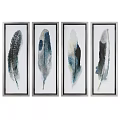 Set of Four Feather Themed Abstract Paintings In Watercolor Style With Black Frames