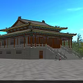 Ancient Chinese Traditional Architecture With Overhanging Eaves Wooden Structure Stone Base Steps And Surrounding Trees