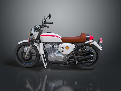Vintage White Motorcycle With Brown Seat Red Stripes Chrome Engine And Black Wheels 3d model