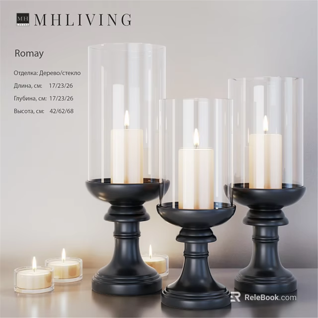 Decorative Ornament Set With Glass Candle Holders Black Bases And White Candles 3d model 