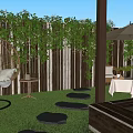 Serene Garden with Woven Hanging Chair Hydrangea Flowers Climbing Plants Wooden Deck and Green Lawn