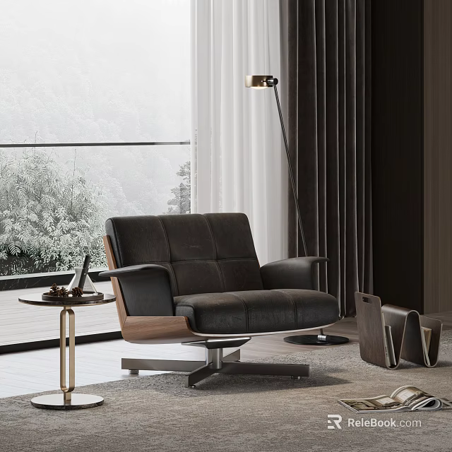 Modern Black Leather Leisure Chair With Scenic Mountain View Floor-to-Ceiling Window And Wooden Side Table 3d model 